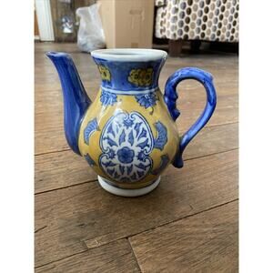 Asian Blue & Yellow Porcelain Teapot Lotus & Other Florals Batwing Panels Read!